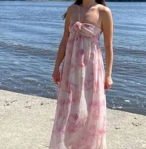 Elegant Pink Floral Maxi Dress By Katherine Karambelas. Brand New!